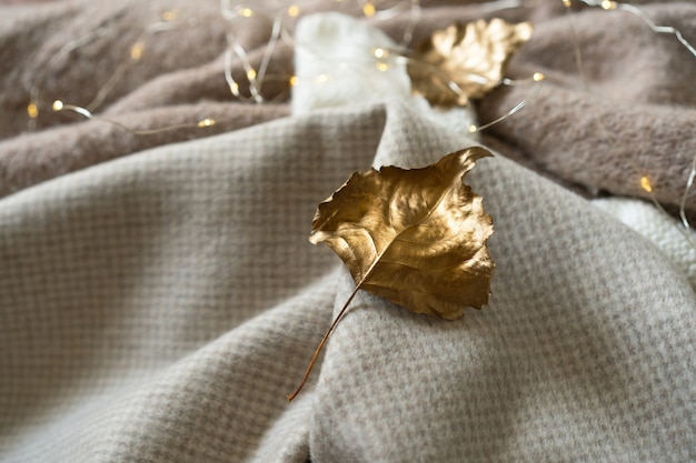 Pila de ropa de punto con hojas de otoño de oro fondo cálido géneros de punto espacio para texto otoño invierno ...