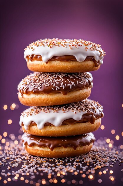 una pila de rosquillas con helado y salpicaduras encima de ellas