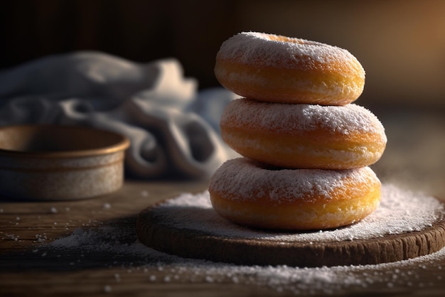 Una pila de rosquillas de levadura en un plato IA generativa