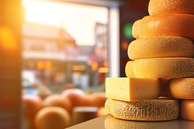 Una pila de ruedas de queso en una tienda con un mercado concurrido