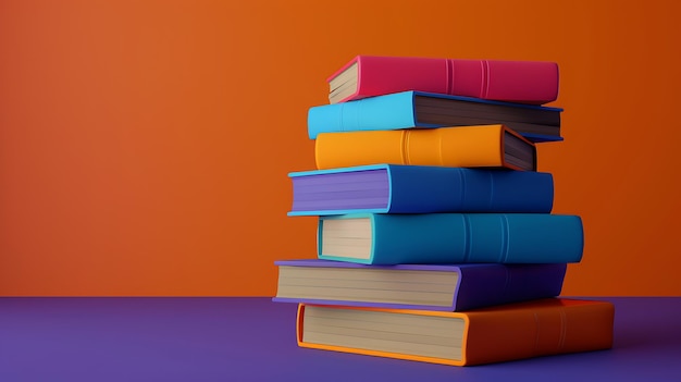 Foto una pila de siete libros de tapa dura en varios colores brillantes se sienta en una mesa púrpura