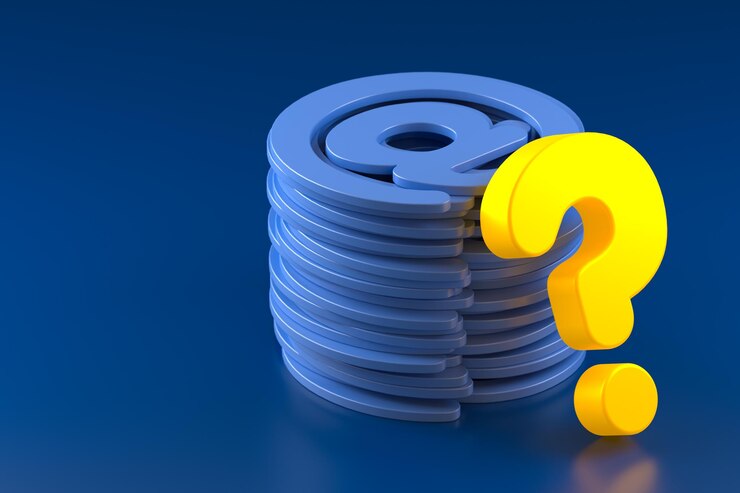 Foto una pila de símbolos de correo electrónico y un signo de interrogación neonlit en un fondo azul renderización 3d