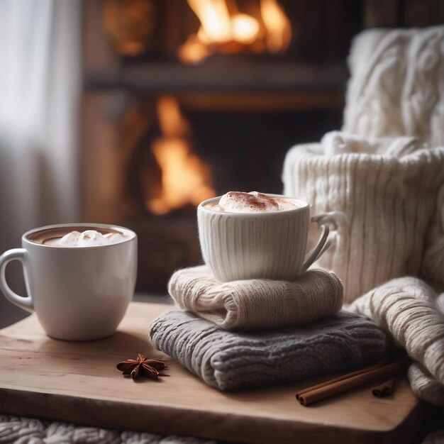 Una pila de suéteres de punto acogedores y una taza de chocolate caliente con malvavisco