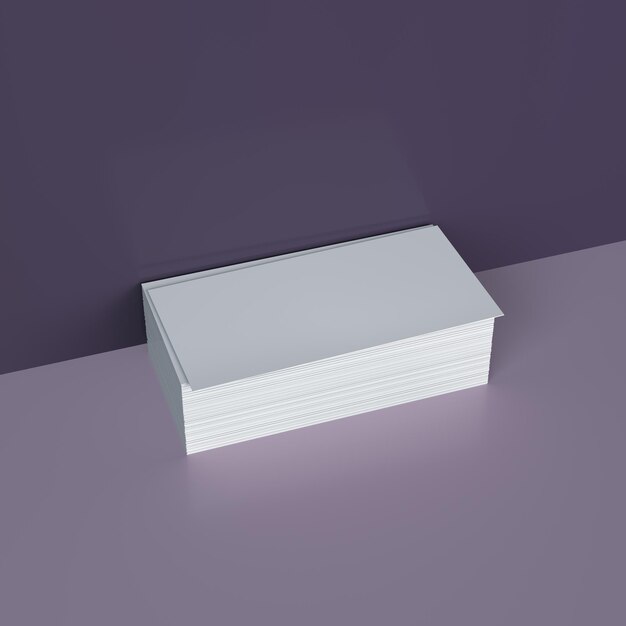 Una pila de tarjetas de visita en blanco vacías cerca de la pared aisladas sobre un fondo púrpura oscuro