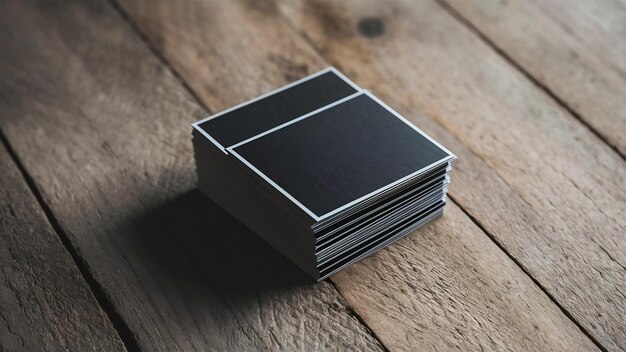 Una pila de tarjetas de visita negras en blanco sobre un fondo de madera