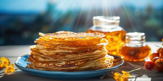 Una pila de tarro de crepes fritos caseros con miel y decoración en un fondo azul con los rayos del sol y el espacio de copia