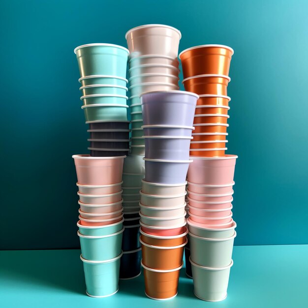 Una pila de tazas de colores con una que dice 'café'