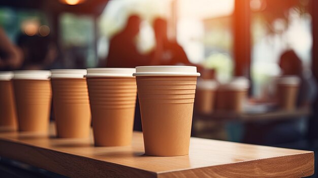 Una pila de tazas desechables con café en una mesa en una cafetería