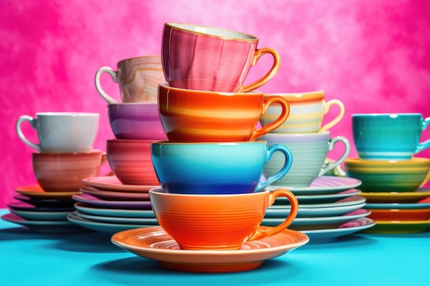 Una pila de tazas de té coloridas en un fondo brillante creado con AI generativa