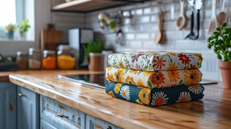 Una pila de telas con patrones florales en un mostrador de cocina de madera que crea un ambiente de cocina alegre y acogedor