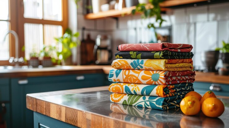 Una pila de telas plegadas de colores en un mostrador de la cocina rodeada de plantas y una acogedora atmósfera de la cocina
