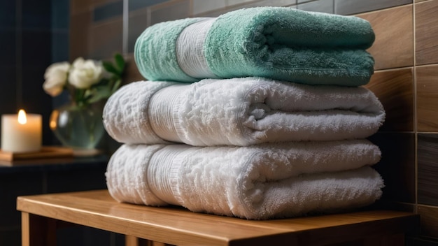 Una pila de toallas de algodón absorbentes suaves en un baño elegante y tranquilo
