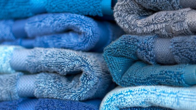 Una pila de toallas azules con una toalla azul en la parte superior