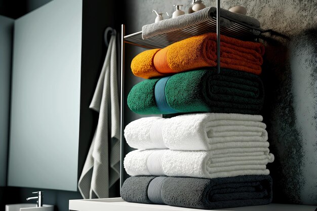 Pila de toallas de baño limpias colgadas en el travesaño en el baño creado con ai generativo