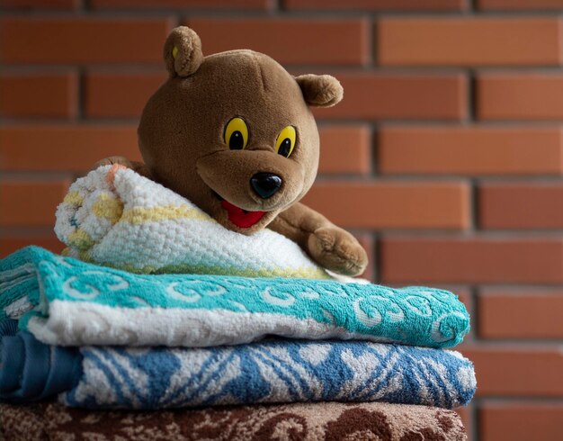 Foto una pila de toallas de baño limpias y un oso de peluche en una mesa de madera cerca del espacio de pared de ladrillo rojo para el texto