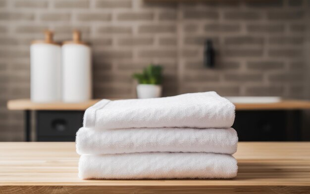 Pila de toallas blancas sobre una mesa de madera en el baño con espacio