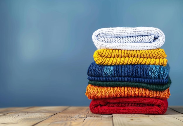 una pila de toallas de colores en una mesa de madera