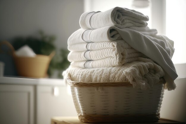 Pila de toallas limpias y frescas en la cesta de mimbre sobre la mesa Generación de IA
