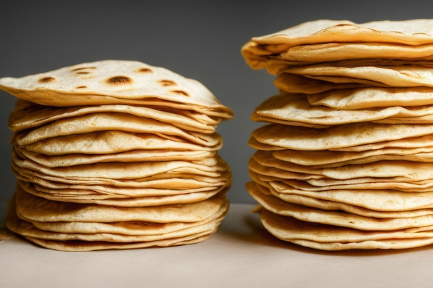 Pila de tortillas de harina de trigo caseras para hacer takos sobre fondo de mesa gris Concepto de comida mexicana