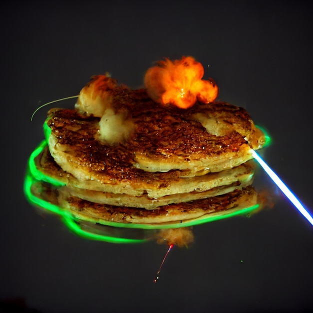 Una pila de tortitas con una luz verde detrás.