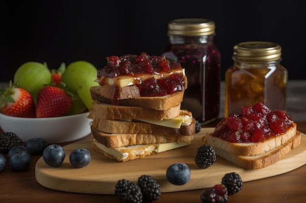 Pila de tostadas untadas con conservas caseras y cubiertas con fruta fresca creada con ai generativo