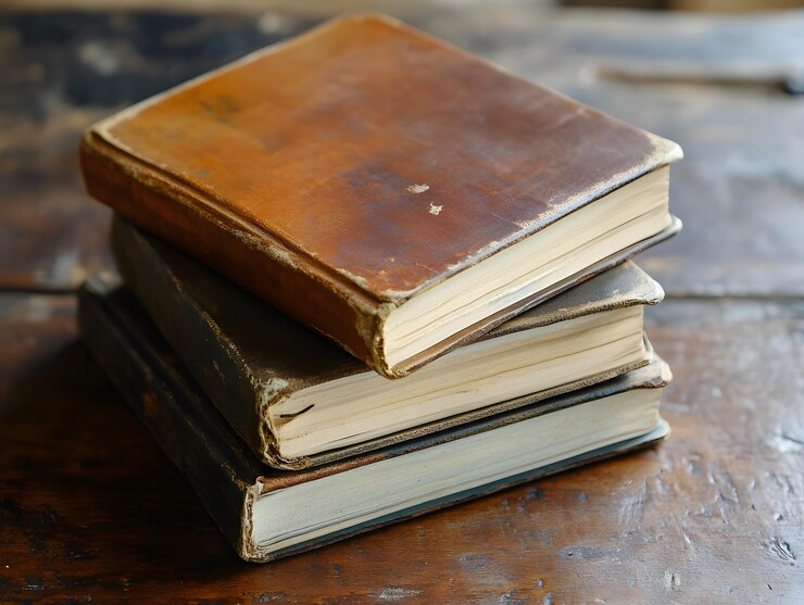 Una pila de tres libros viejos con cubierta de cuero en una mesa de madera
