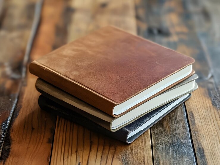 Una pila de tres libros viejos con cubierta de cuero en una mesa de madera