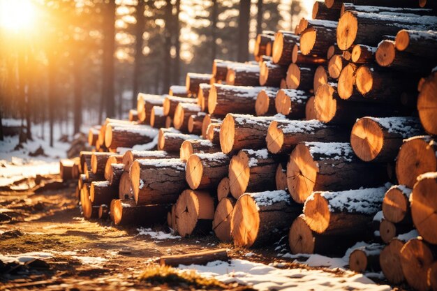 Pila de troncos de madera para el atardecer nevado de invierno. ai generativo.