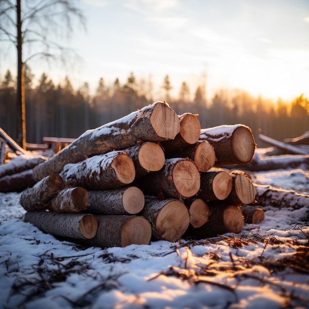 Una pila de troncos de pino en un bosque de invierno al atardecer para las redes sociales