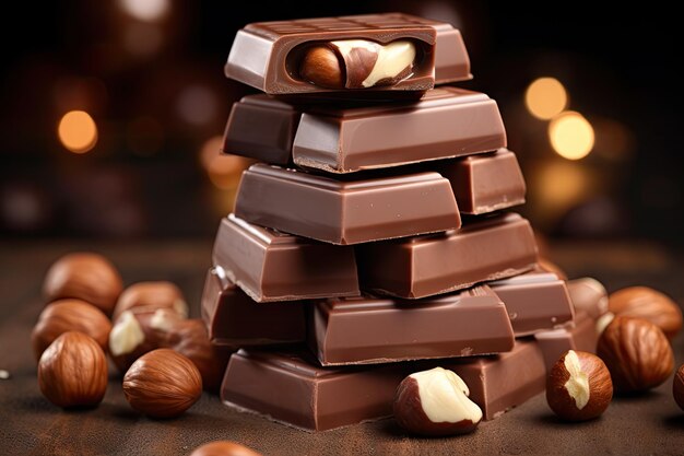 Foto una pila de trozos de chocolate con leche con avellanas enteras en un fondo oscuro de primer plano