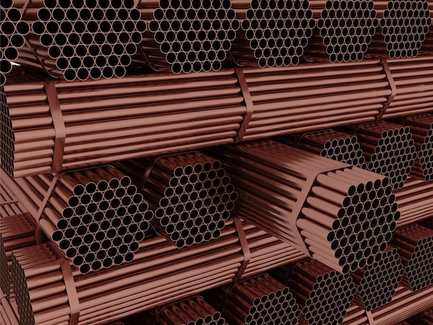 Pila de tubos de metal de cobre Productos de metal laminado Ilustración de representación 3D de la industria del acero