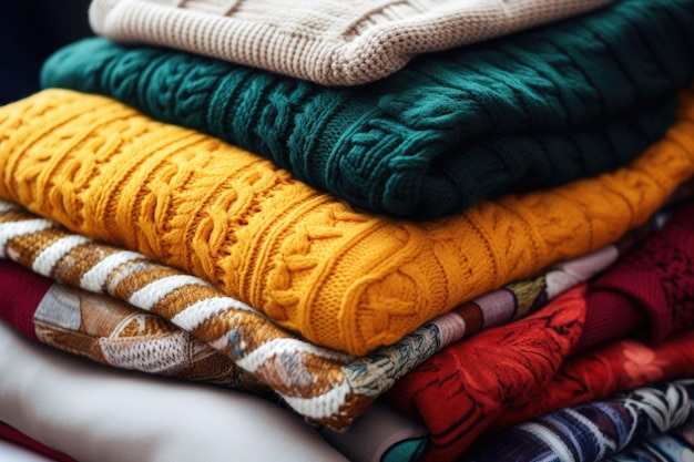 Pila de varios suéteres cálidos tejidos de colores Ilustración generativa de IA