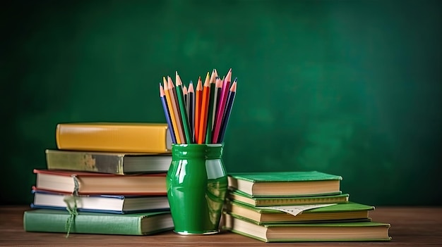 Una pila verde de libros con una taza verde de lápices sobre la mesa