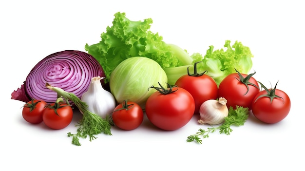 Una pila de verduras frescas sobre un fondo blanco