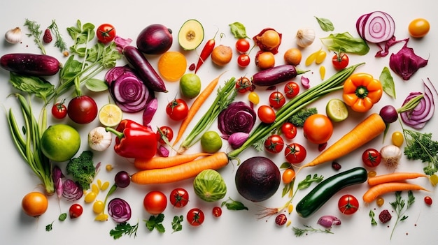 Una pila de verduras, incluida una que dice 'come más'