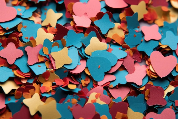 Una pila vibrante de corazones de confeti de varios colores esparcidos en una mesa Confeti en diferentes formas como estrellas corazones y círculos generados por IA