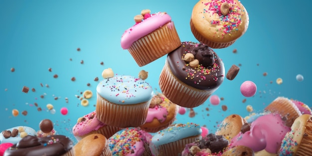 Una pila voladora de rosquillas, macarrones y pasteles en un fondo colorido