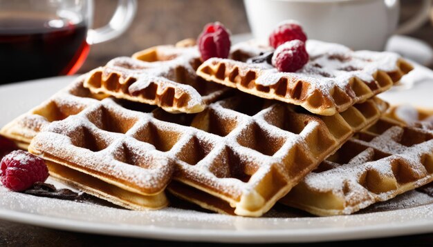 Foto una pila de waffles con azúcar en polvo y frambuesas en la parte superior