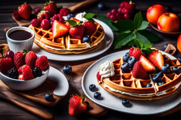 Una pila de waffles con bayas y jarabe en una mesa de madera.