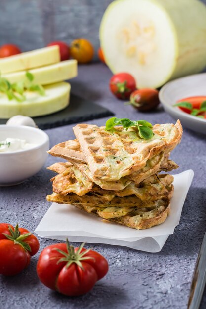 Una pila de waffles de calabacín listos para comer y albahaca sobre papel de hornear y tomates frescos sobre la mesa. Comida vegetariana dietética vegetal. Vista vertical