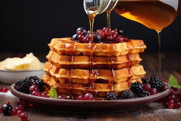 Una pila de waffles caseros con jugo de jarabe