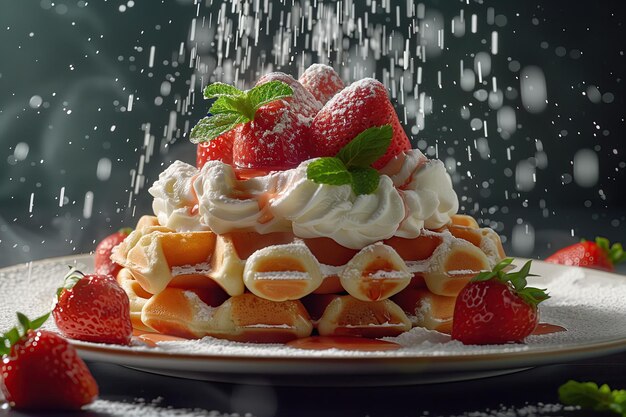 Una pila de waffles con crema batida y azúcar en polvo en el plato