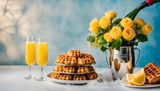 una pila de waffles con jugo de naranja al lado de un jarrón de flores