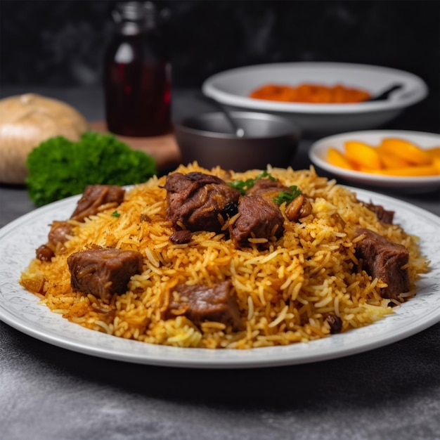 Pilaf con carne de res guisada en un plato