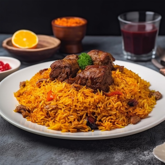 Pilaf con carne de res guisada en un plato