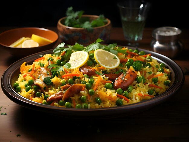 Foto pilaf com arroz de frango e vegetais em fundo escuro