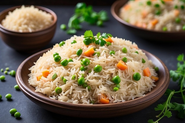 Foto pilaf de arroz basmati ou pulav com ervilhas e legumes