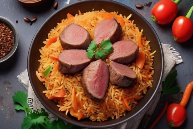 Foto pilaf o plov uzbeko de cordero menú de restaurante dieta libro de recetas de cocina vista superior