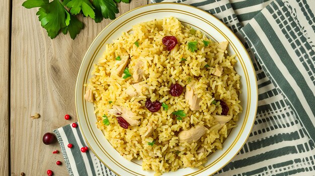 Pilaf en un plato con frambuesas de carne de pollo