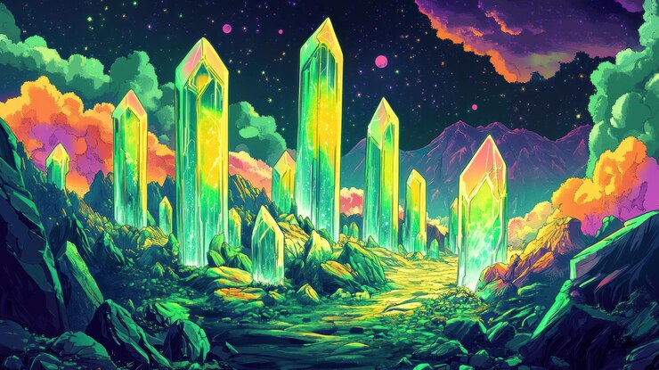 Los pilares de cristal iluminan un paisaje extraño